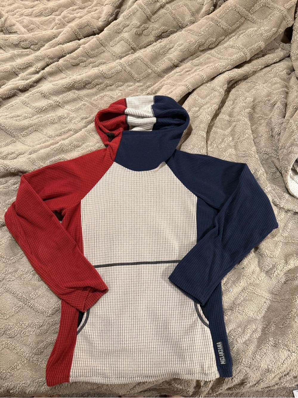 Melanzana Colorblock Waffle Knit Cowl Pullover - Red, Navy & Cream